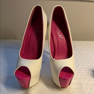 White Patent Peep-Toe Platform Heels with Pink Accents